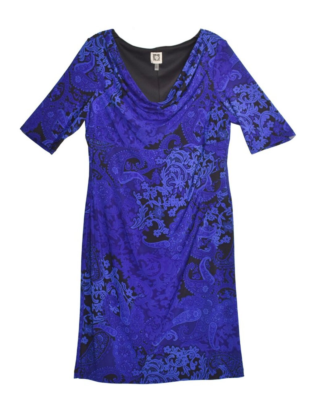 Anne Klein Dress Stretch Cowl Neckline ¾ Sleeve Blue Paisley Lace Print Size 14 - Picture 5 of 7